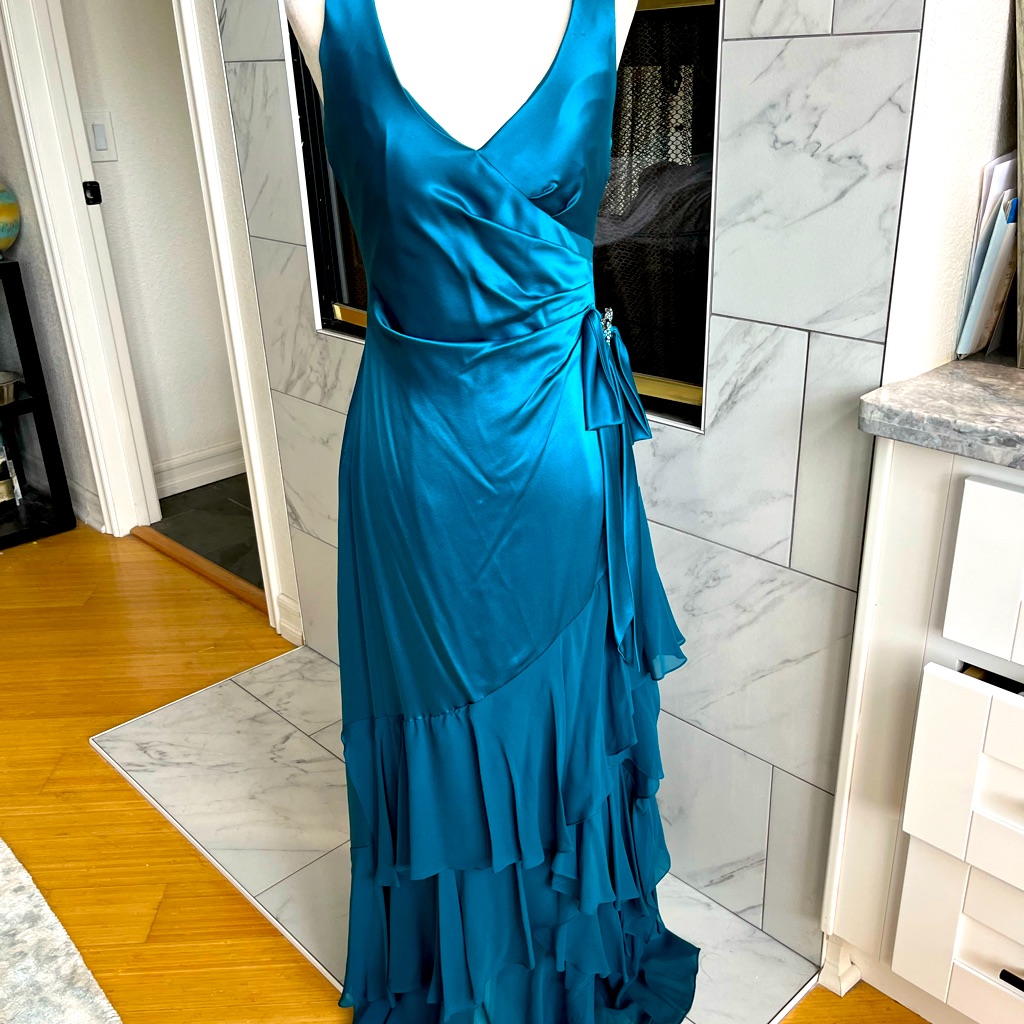 Teal Blue Kay Unger Long Evening Dress, Satin & Chiffon